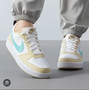 Nike Court Borough Lows White and Tan Sneakers with Teal Swoosh